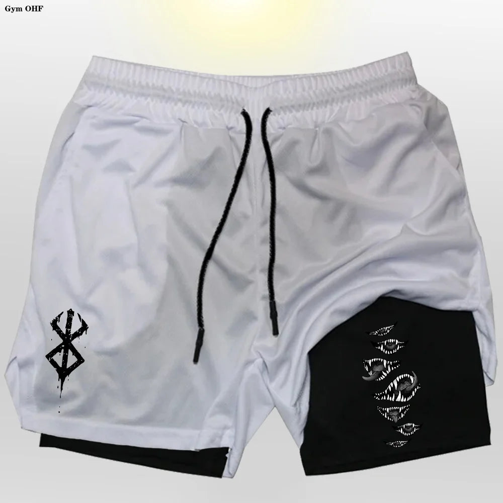 Anime Gym 2 in 1 Shorts For Men Sports Fitness Print Short Lining Phone Pocket Shorts Workout Running Mesh Sport Short Pants