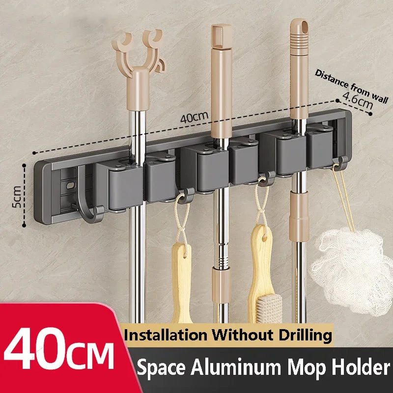 Wall-Mounted Mop & Broom Holder – Aluminum Organizer Rack with Hooks & Buckles