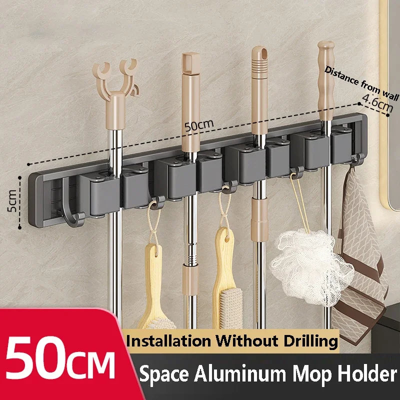 Wall-Mounted Mop & Broom Holder – Aluminum Organizer Rack with Hooks & Buckles