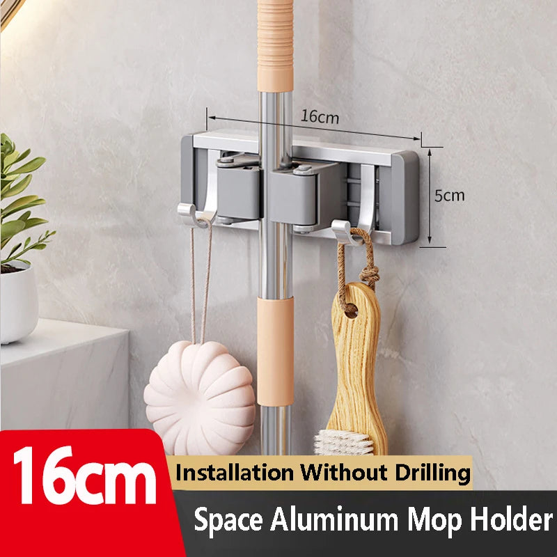Wall-Mounted Mop & Broom Holder – Aluminum Organizer Rack with Hooks & Buckles