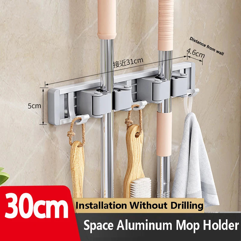 Wall-Mounted Mop & Broom Holder – Aluminum Organizer Rack with Hooks & Buckles