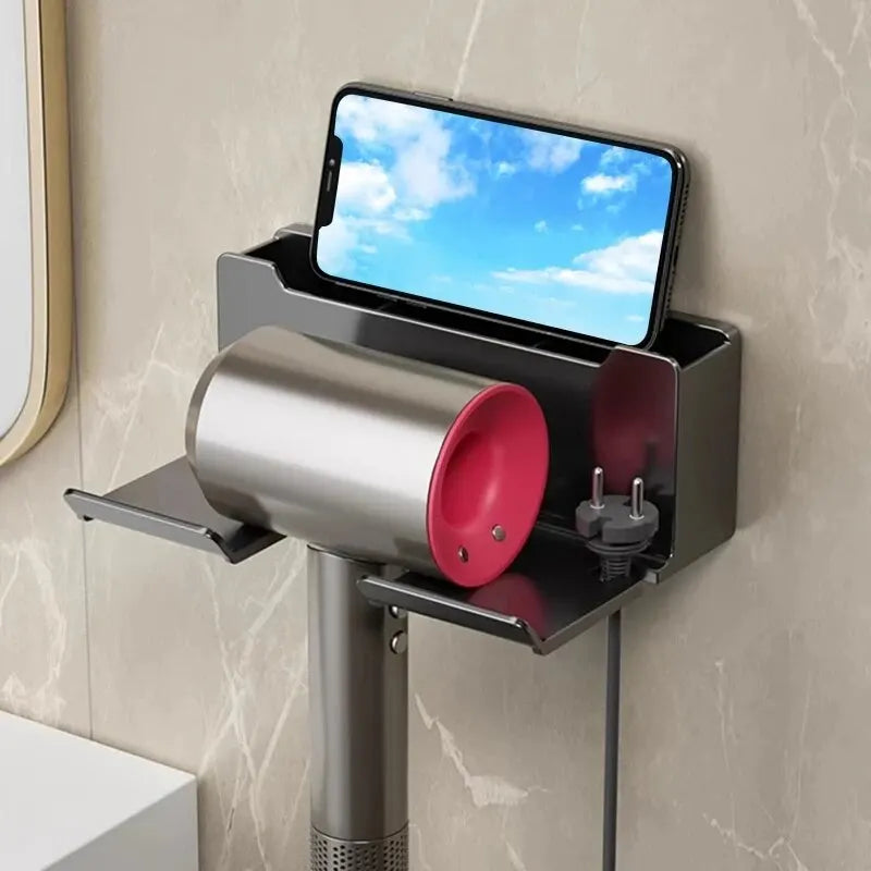 Wall-Mounted Hair Dryer Holder – No-Drill Bathroom Organizer with Plug Storage & Anti-Slip Silicone Pad