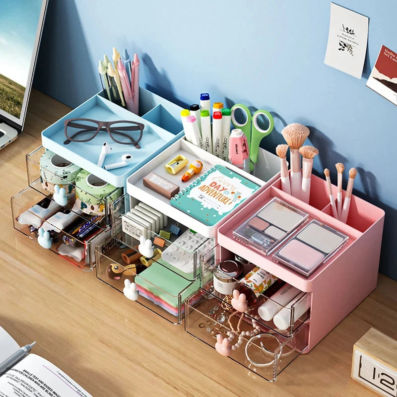 Multi-Purpose Desk Organizer with Drawer – Compact Plastic Storage for Makeup, Office Supplies & Phones