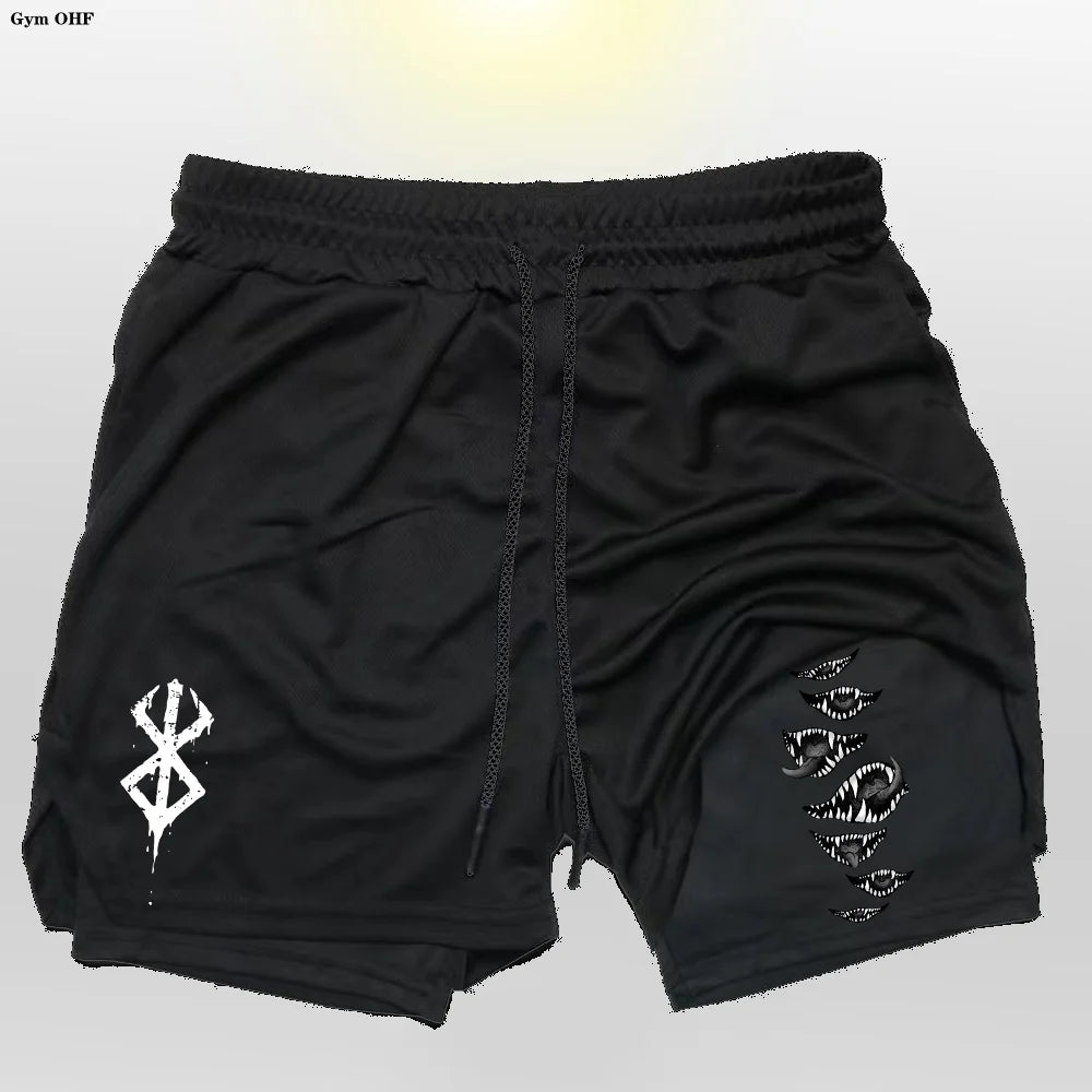 Anime Gym 2 in 1 Shorts For Men Sports Fitness Print Short Lining Phone Pocket Shorts Workout Running Mesh Sport Short Pants