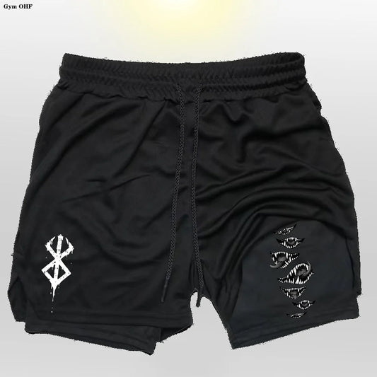 Anime Gym 2 in 1 Shorts For Men Sports Fitness Print Short Lining Phone Pocket Shorts Workout Running Mesh Sport Short Pants