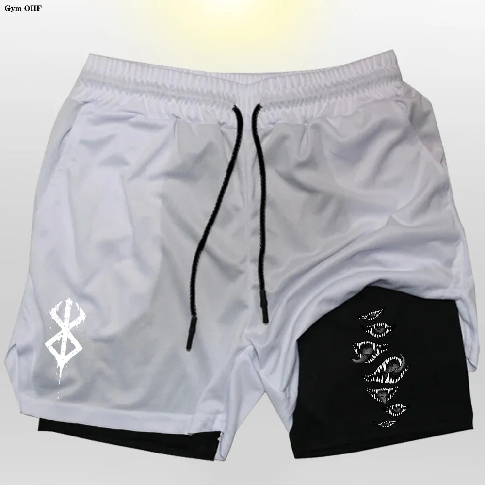 Anime Gym 2 in 1 Shorts For Men Sports Fitness Print Short Lining Phone Pocket Shorts Workout Running Mesh Sport Short Pants
